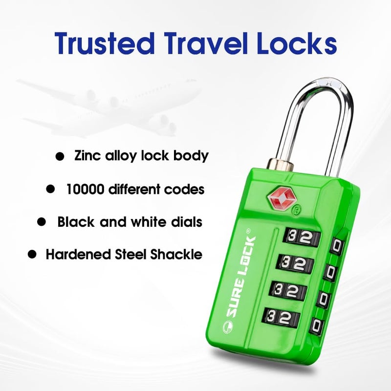 SURE LOCK TSA Approved 4-Digit Resettable Combination Luggage Lock with Open Alert, Easy-Read Dials - for Luggage, School Lockers, Gym, Office, Toolbox & Security Cases(Green 1 Pack) - Image 2