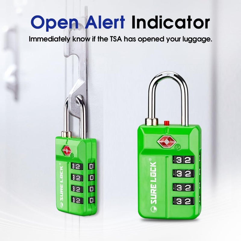 SURE LOCK TSA Approved 4-Digit Resettable Combination Luggage Lock with Open Alert, Easy-Read Dials - for Luggage, School Lockers, Gym, Office, Toolbox & Security Cases(Green 1 Pack) - Image 4