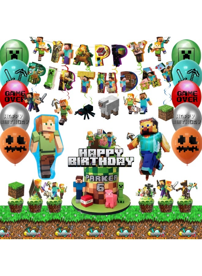 ماين كرافت زينة حفلة عيد ميلاد ماينكرافت، مجموعة زينة حفلة ماينكرافت 52 قطعة - بالونات ماينكرافت، لافتات، زينة كعكة، بالونات، مفرش طاولة، قلادة لولبية، إلخ، لمستلزمات حفلة عيد ميلاد ماينكرافت. - Image 1