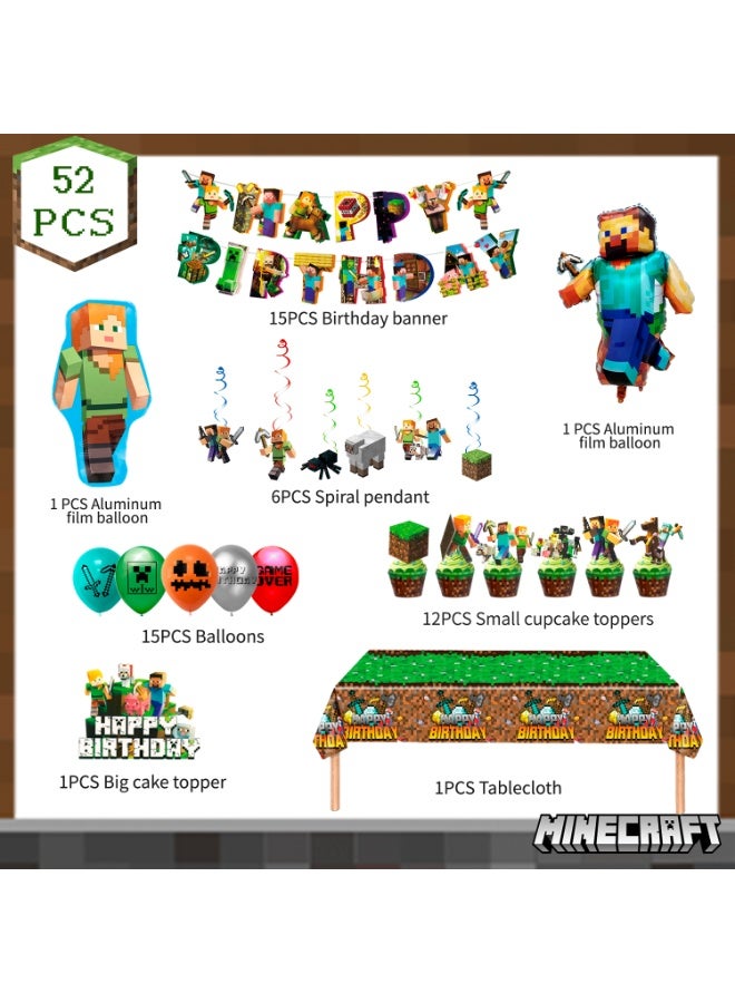ماين كرافت زينة حفلة عيد ميلاد ماينكرافت، مجموعة زينة حفلة ماينكرافت 52 قطعة - بالونات ماينكرافت، لافتات، زينة كعكة، بالونات، مفرش طاولة، قلادة لولبية، إلخ، لمستلزمات حفلة عيد ميلاد ماينكرافت. - Image 2