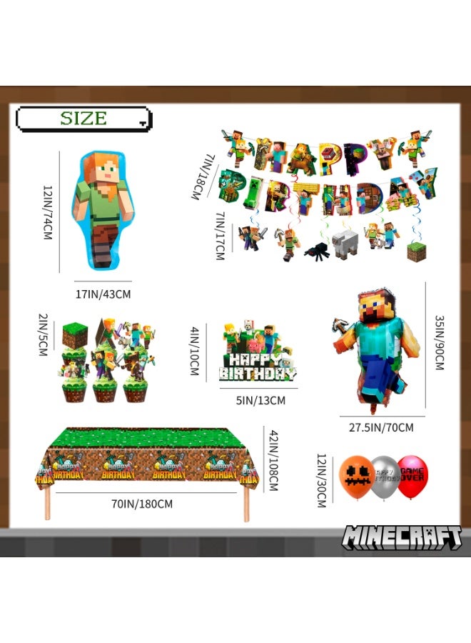 ماين كرافت زينة حفلة عيد ميلاد ماينكرافت، مجموعة زينة حفلة ماينكرافت 52 قطعة - بالونات ماينكرافت، لافتات، زينة كعكة، بالونات، مفرش طاولة، قلادة لولبية، إلخ، لمستلزمات حفلة عيد ميلاد ماينكرافت. - Image 3