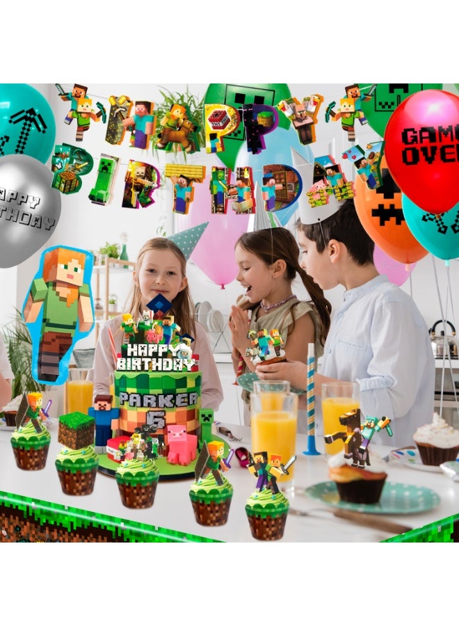 ماين كرافت زينة حفلة عيد ميلاد ماينكرافت، مجموعة زينة حفلة ماينكرافت 52 قطعة - بالونات ماينكرافت، لافتات، زينة كعكة، بالونات، مفرش طاولة، قلادة لولبية، إلخ، لمستلزمات حفلة عيد ميلاد ماينكرافت. - Image 5
