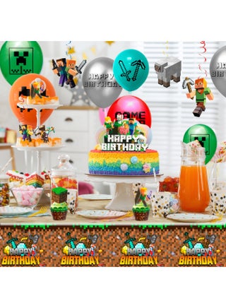 Minecraft Birthday Party Decorations, 52pcs Minecraft Party Decoration Set - Minecraft Balloons Banners Cake Topper Balloons Tablecloth Spiral Pendant etc for Minecraft Birthday Party Supplies - view 4