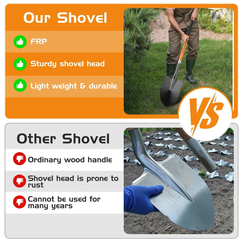 HIGHLIGHT Spade, Heavy Duty Gardening Shovel, Garden Shovel 56 inch for Digging, Round Shovel with D-Handle, for Garden,Beach, Snow, Fiberglass Handel, Orange - Image 2