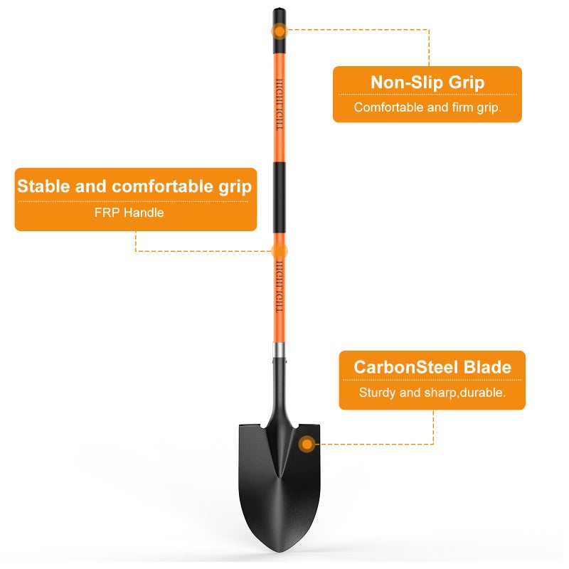 HIGHLIGHT Spade, Heavy Duty Gardening Shovel, Garden Shovel 56 inch for Digging, Round Shovel with D-Handle, for Garden,Beach, Snow, Fiberglass Handel, Orange - Image 4