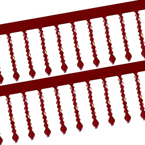 uxcell 1 Yard Crystal Beaded Ribbon Fringe Trim 24 Crystal Fringe Tassel Rhinestone Bead Trim Tassel for Curtain Lamp Shade Dress Clothes Wedding Decoration DIY Dark Red - Image 1