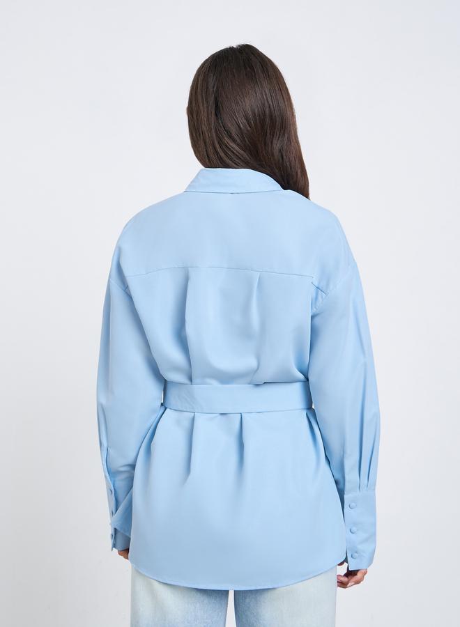 Styli Blue Longline Belted Shirt - Image 4