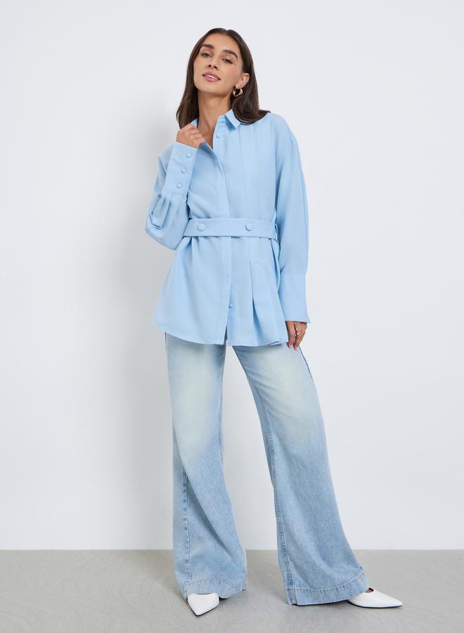 Styli Blue Longline Belted Shirt - Image 2