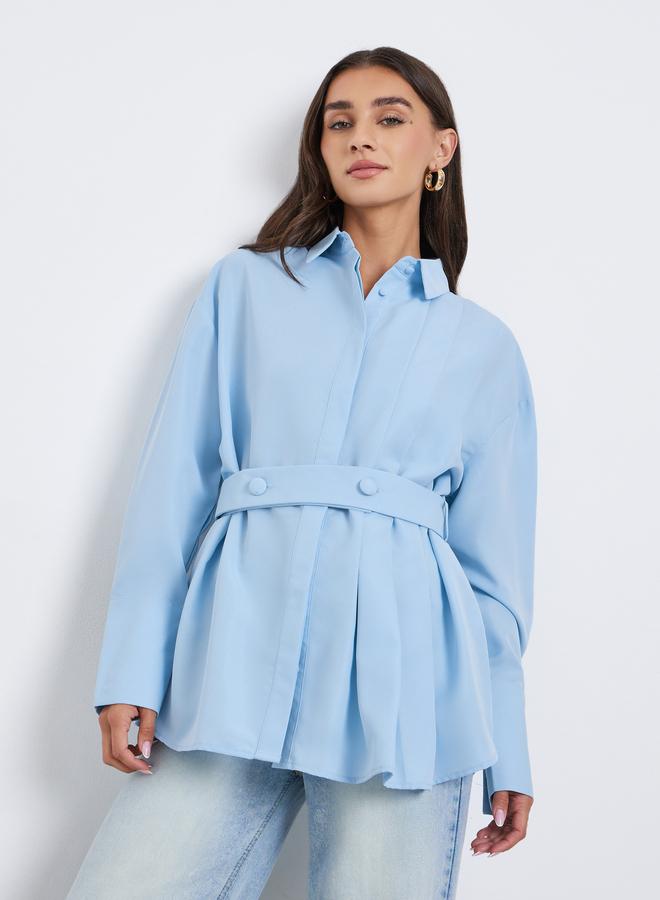 Styli Blue Longline Belted Shirt - Image 1