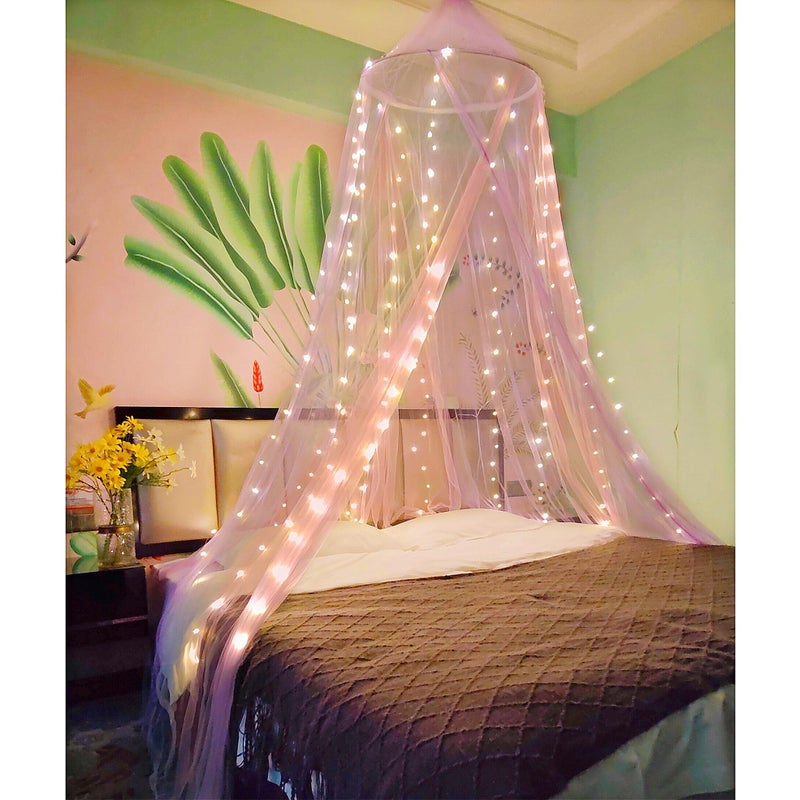 Eimilaly TwoTone Bed Canopy Mosquito Net Pink Purple with 250pcs Warm White Lights Bed Canopy for Girls Room Decor Single Door