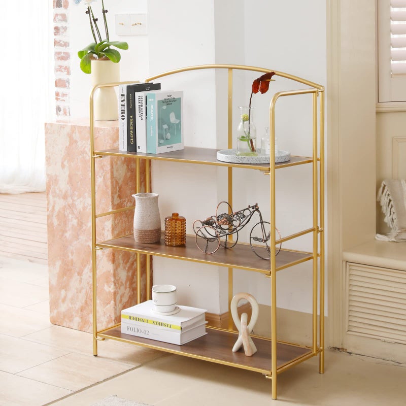 Crofy No Assembly Folding Bookshelf for Living Room, 3 Tier Gold Collapsible Book Shelf for Home Office, Portable Bookcase Storage Organizer - Image 5