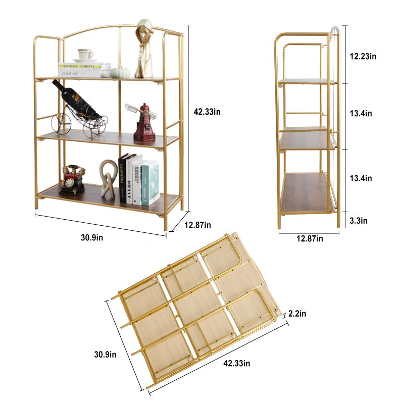 Crofy No Assembly Folding Bookshelf for Living Room, 3 Tier Gold Collapsible Book Shelf for Home Office, Portable Bookcase Storage Organizer - Image 3