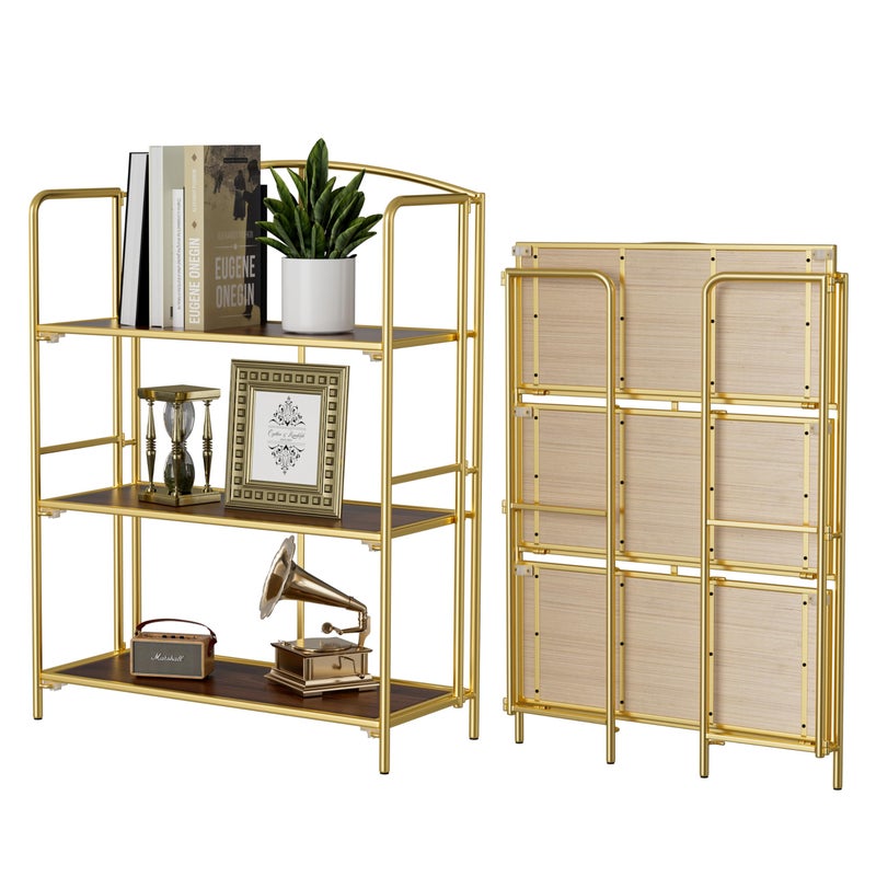 Crofy No Assembly Folding Bookshelf for Living Room, 3 Tier Gold Collapsible Book Shelf for Home Office, Portable Bookcase Storage Organizer - Image 1