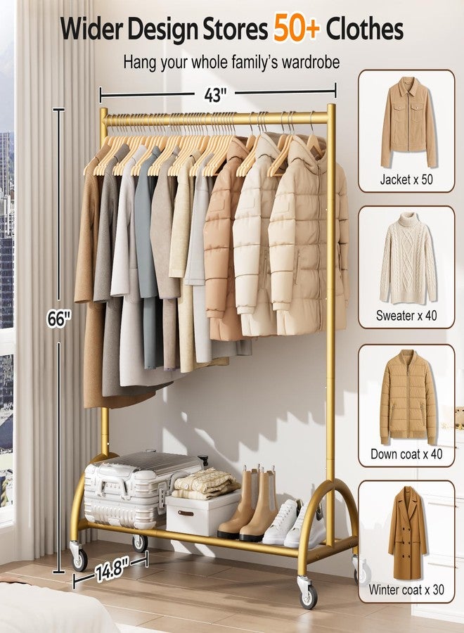 MISSLO Heavy Duty Clothing Rack with Wheels Rolling Clothes Racks for Hanging Clothes, Coats, Garment, Dress, Gold - Image 2