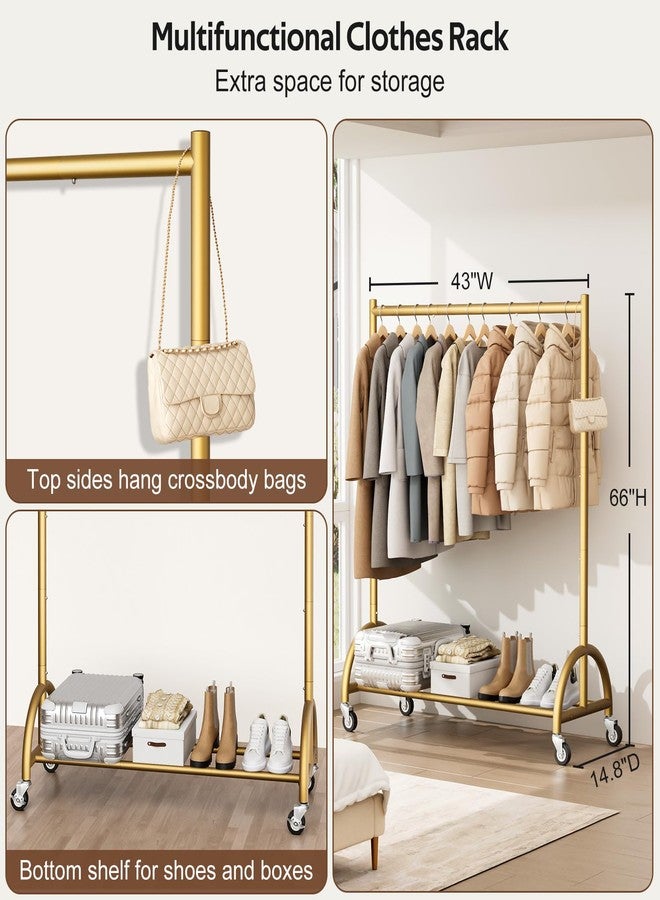 MISSLO Heavy Duty Clothing Rack with Wheels Rolling Clothes Racks for Hanging Clothes, Coats, Garment, Dress, Gold - Image 5