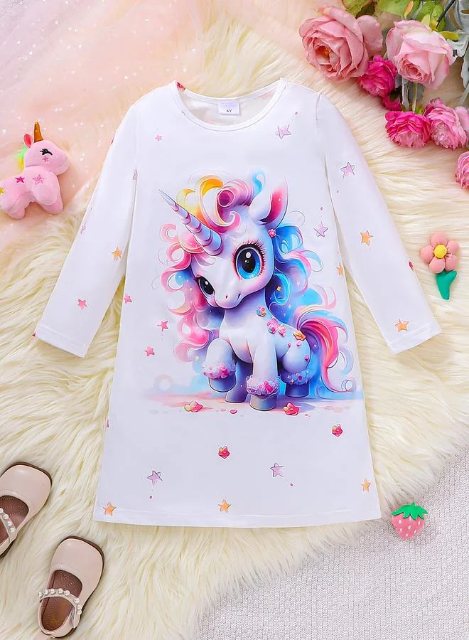 Take Two Girls White Unicorn Graphic Print Dress