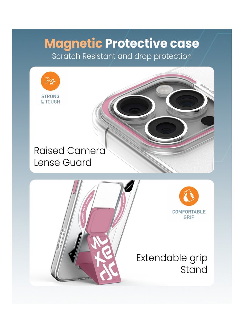 Moxedo Magnetic Protective Case Scratch Resistant Drop Protection with Built-in Extendable Grip Stand Compatible for iPhone 16 Pro 6.3 inch - Pink - Image 3