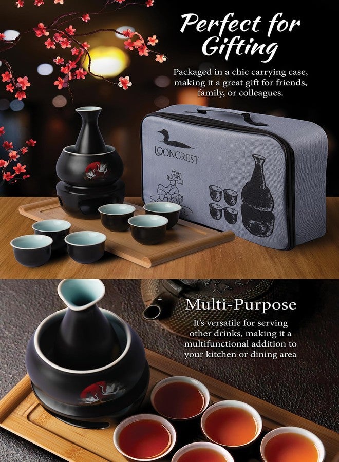 LOONCREST Japanese Sake Cup Set with 6 Ceramic Cups, 1 Ceramic Sake Bottle, 1 Ceramic Sake Warmer, Bamboo Tray, and Cloth Carrying Case - Perfect Hot Sake Set for Authentic Japanese Experience - Image 5