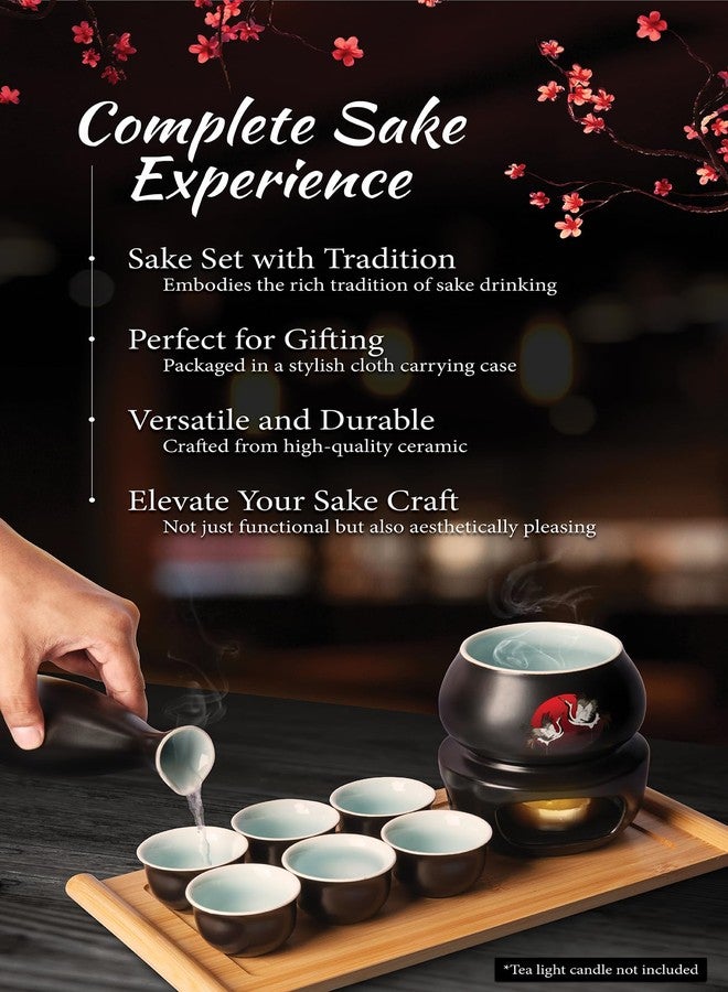 LOONCREST Japanese Sake Cup Set with 6 Ceramic Cups, 1 Ceramic Sake Bottle, 1 Ceramic Sake Warmer, Bamboo Tray, and Cloth Carrying Case - Perfect Hot Sake Set for Authentic Japanese Experience - Image 2