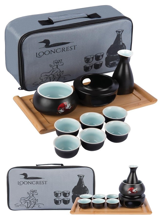 LOONCREST Japanese Sake Cup Set with 6 Ceramic Cups, 1 Ceramic Sake Bottle, 1 Ceramic Sake Warmer, Bamboo Tray, and Cloth Carrying Case - Perfect Hot Sake Set for Authentic Japanese Experience - Image 1