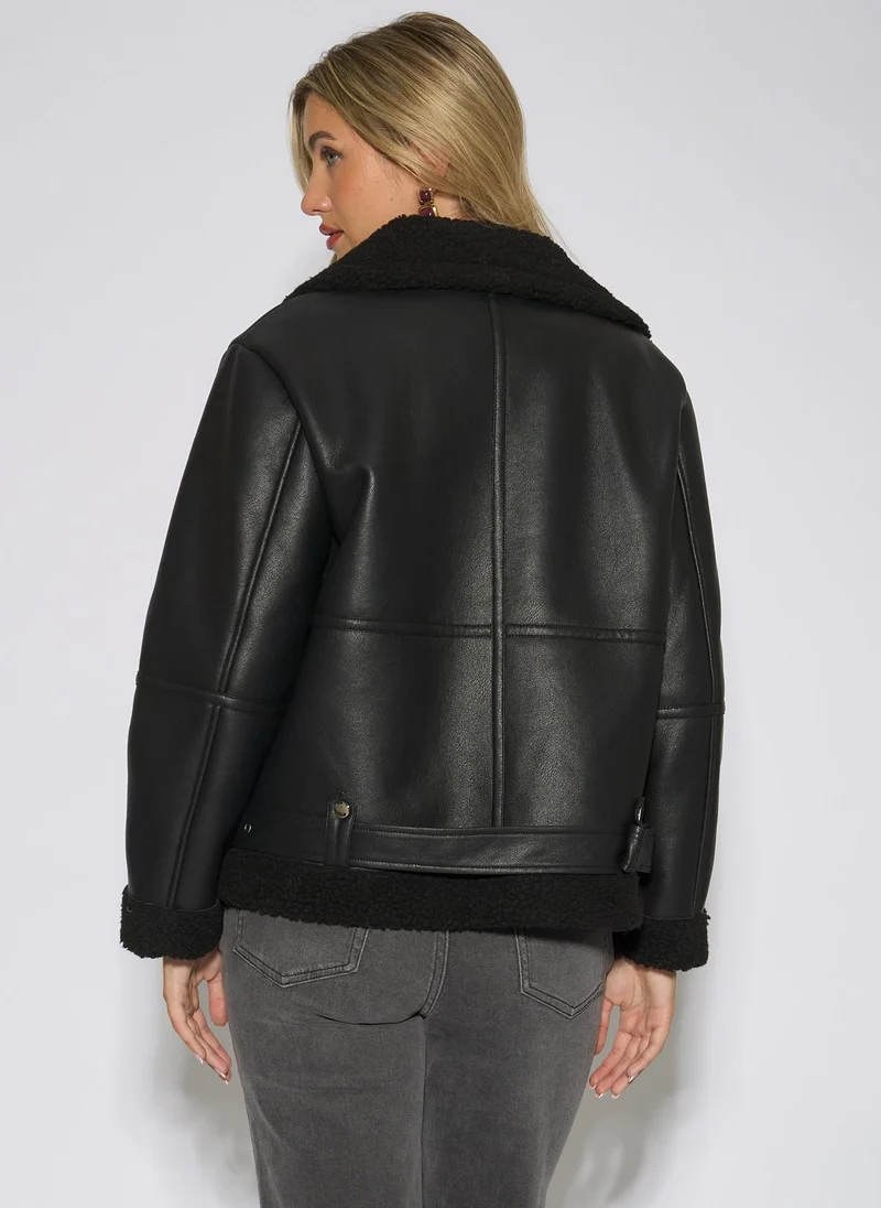 Gini London  Black Faux Leather Aviator Biker Jacket for Women | Best Price UAE