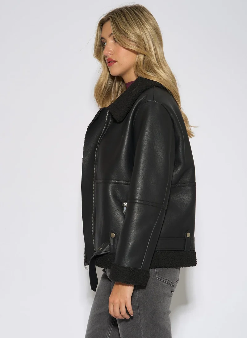 Gini London  Black Faux Leather Aviator Biker Jacket for Women | Best Price UAE