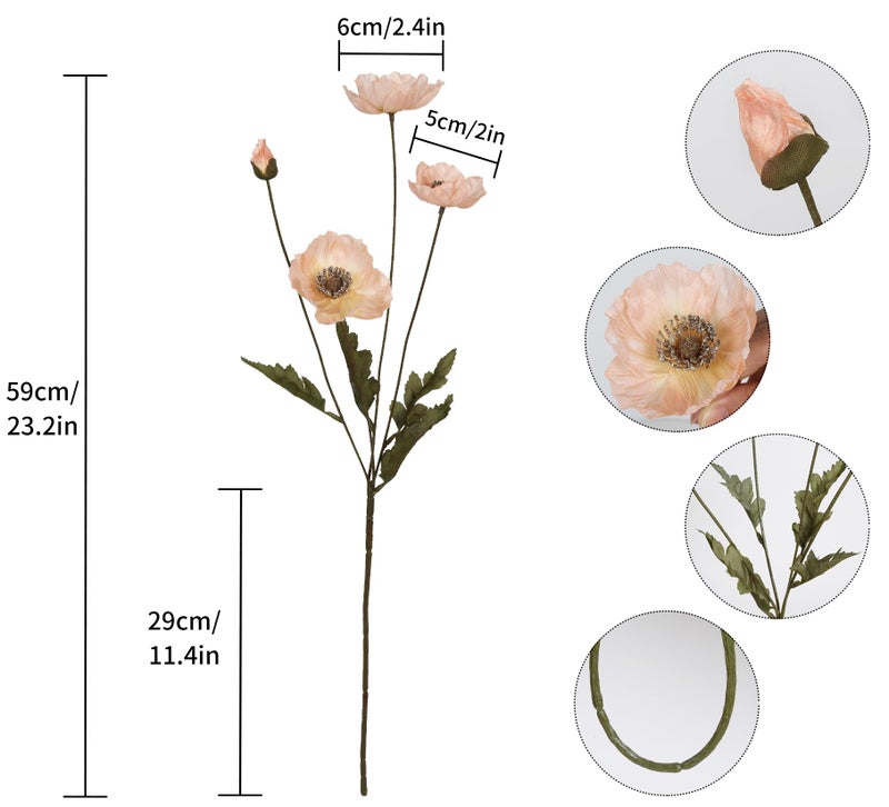 IPOPU Artificial Poppy Silk Flowers 6pcs Poppy Flowers Artificial Realistic Faux Flowers for Vase for Home Decor Indoor for Wedding Centerpieces Bridal Shower Party Decorations (Champagne) - Image 3