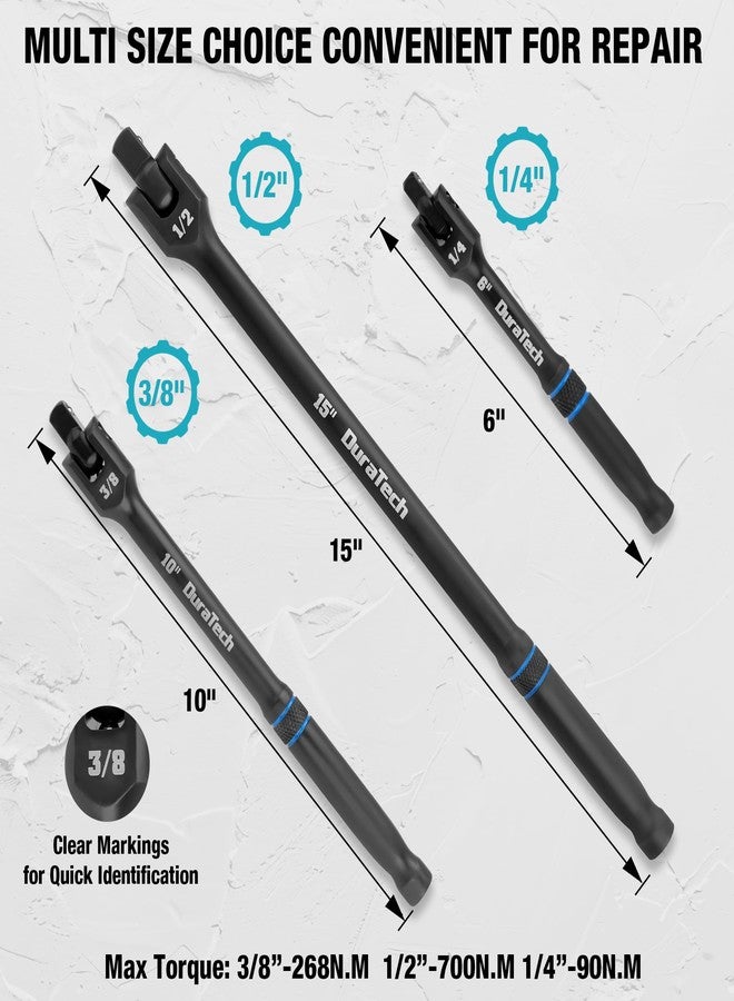 DURATECH 3PCS Breaker Bar Set, 1/4", 3/8", 1/2" Drive, 180°Rotatable Head, 6", 10”, 15" Length, Premium Chrome Alloy Made, Black - Image 2