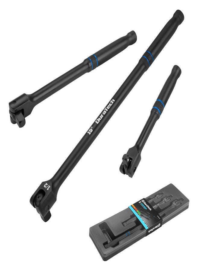 DURATECH 3PCS Breaker Bar Set, 1/4", 3/8", 1/2" Drive, 180°Rotatable Head, 6", 10”, 15" Length, Premium Chrome Alloy Made, Black - Image 1