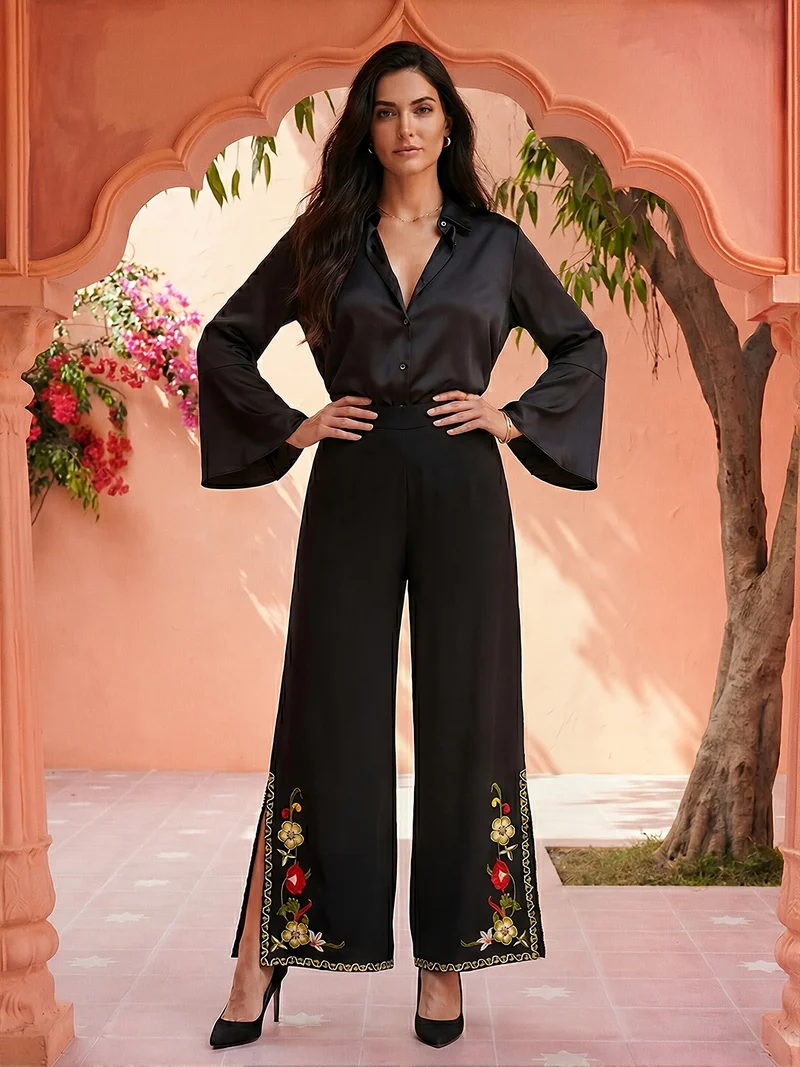 جلو باص Globus Women Black Mid Rise Flared Embroidered Hem Side Slits Fusion Palazzos