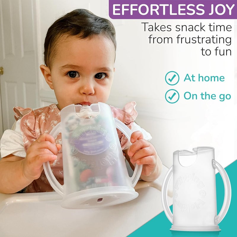 Flipping Holder Squeeze Proof Food Pouch Holder for Toddlers, Babies, Kids, Mess Free No Squeeze Juice Box Drink Holder with Easy Grip Handles and Lid - Made in USA (White 3 Pack) - Image 4