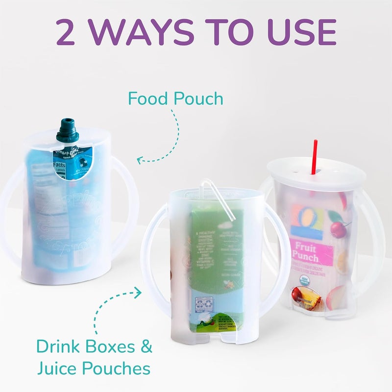 Flipping Holder Squeeze Proof Food Pouch Holder for Toddlers, Babies, Kids, Mess Free No Squeeze Juice Box Drink Holder with Easy Grip Handles and Lid - Made in USA (White 3 Pack) - Image 3