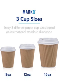 MARKQ [50 Sets] 8 oz. Brown Disposable Ripple Insulated Coffee Cups with Lids - Hot Beverage Corrugated Paper Cups  - Image 4