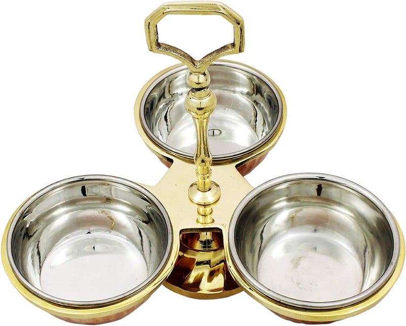 HarLen HarLen Ukal Copper Steel Serving Pickle Condiment Dish Rack 3Bowls Set 6 Ounce  - Image 3