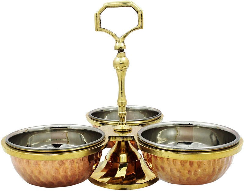 HarLen HarLen Ukal Copper Steel Serving Pickle Condiment Dish Rack 3Bowls Set 6 Ounce  - Image 2