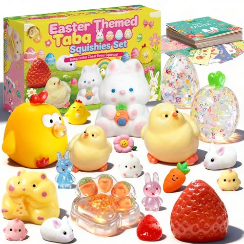 XPQKDC Easter Gifts for Kids 20Pcs Taba Squishies Kit with Greeting Cards Kawaii Stress Relief Toys Squishies Fidget Toys Prizes for Kids Classroom Party Favors and Easter Basket Stuffers for Teens - Image 1