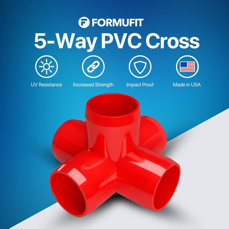 FORMUFIT 3/4" 5-Way Cross Furniture Grade PVC Fitting in Red, Made in USA, UV-Resistant, Impact-Proof, 1.050” Actual Socket Diameter (Pack of 8) - F0345WC-RD-8 - Image 2