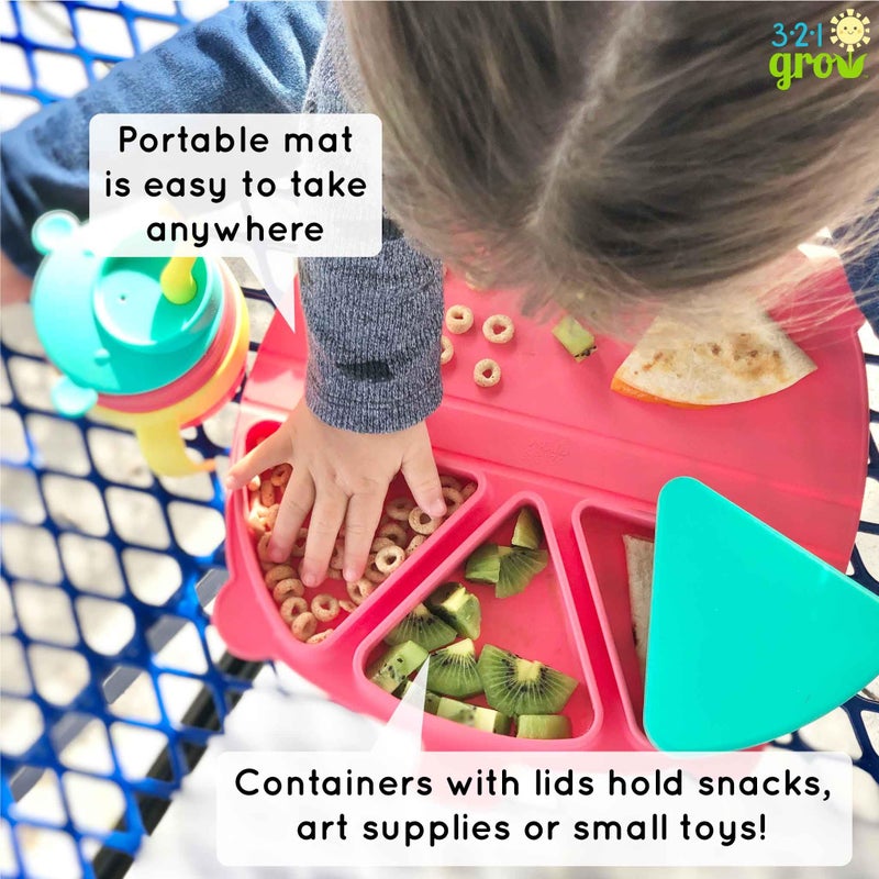 321 Grow Silicone On-The-Go Snack Mat â€“ Foldable Reusable Placemat with 3 Compartments and Lids â€“ Travel-Friendly Baby and Toddler Snack Plate â€“ Dishwasher Safe (Watermelon) - Image 4