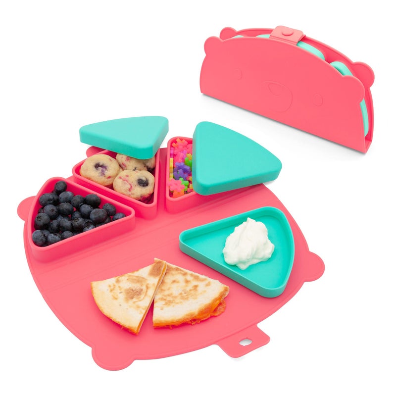 321 Grow Silicone On-The-Go Snack Mat â€“ Foldable Reusable Placemat with 3 Compartments and Lids â€“ Travel-Friendly Baby and Toddler Snack Plate â€“ Dishwasher Safe (Watermelon) - Image 1