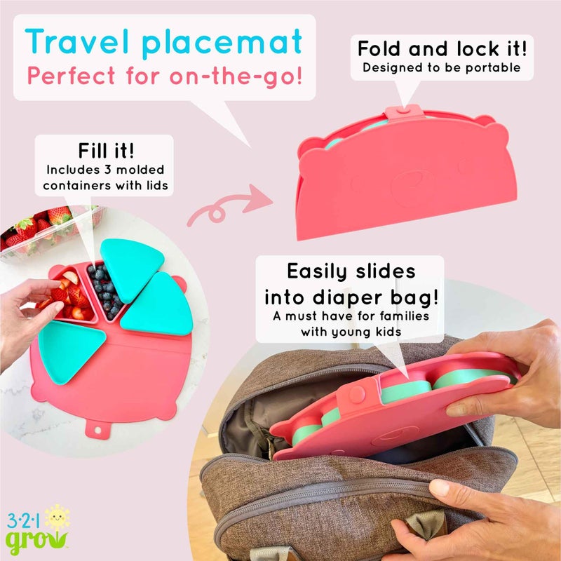 321 Grow Silicone On-The-Go Snack Mat â€“ Foldable Reusable Placemat with 3 Compartments and Lids â€“ Travel-Friendly Baby and Toddler Snack Plate â€“ Dishwasher Safe (Watermelon) - Image 2