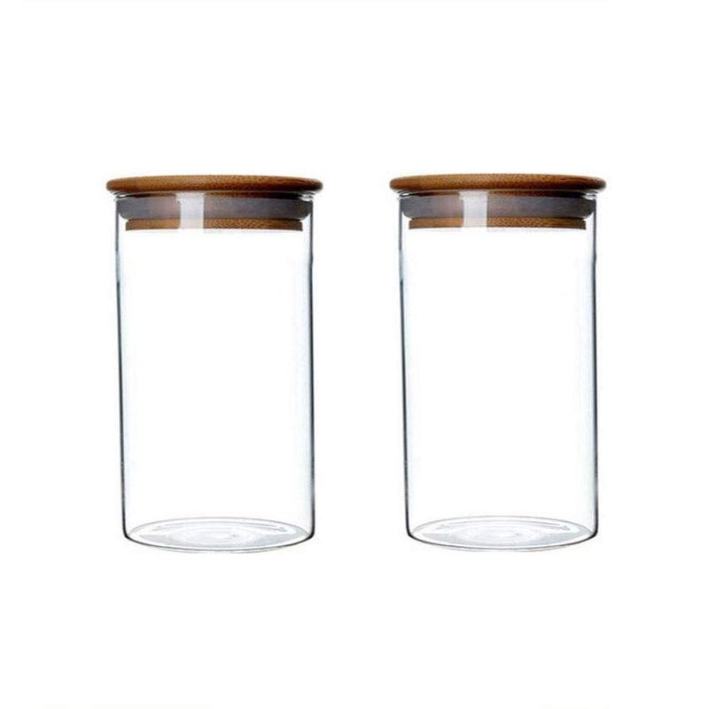 2 Piece Clear Glass Canister Food Storage Jar With Airtight Wood Lids Air Tight Storage Containers for Coffee Bean Loose Leaf Tea Containers Sugar Cookies Dry Fruit Nuts Candy Jars size 350ML117oz
