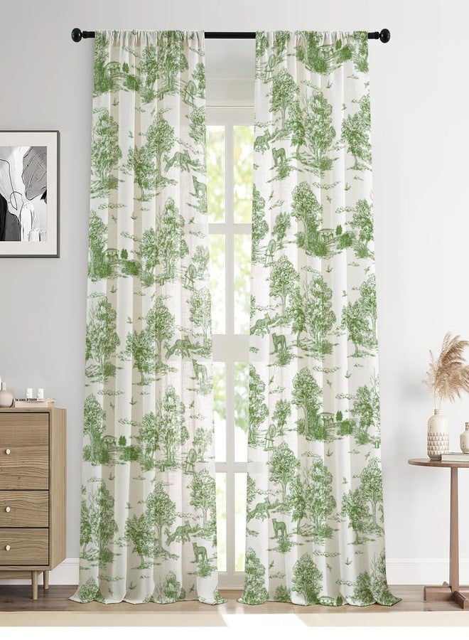 LOVOUS Vintage Sage Green Curtains 84 Inch Length Linen Toile de Jouy Light Filtering French Country Window Curtain for Living Room Bedroom Rod Pocket Victorian Window Treatments Drapes,2 Panels - Image 1