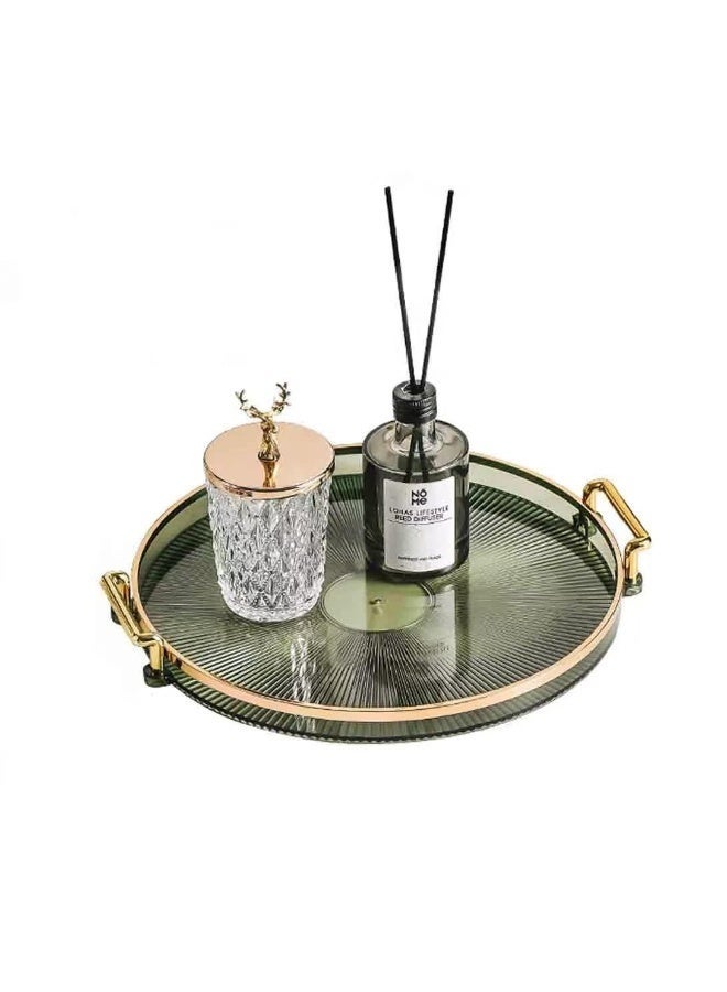 كيلا صينية زينة أكريليك بمقابض ذهبية، صينية تقديم مزخرفة للمجوهرات ومستحضرات التجميل والشموع والأطباق، منظم طاولة الحمام بلون أخضر، منظم سطح الطاولة (11.8 بوصة × 1.3 بوصة ارتفاع). - Image 1