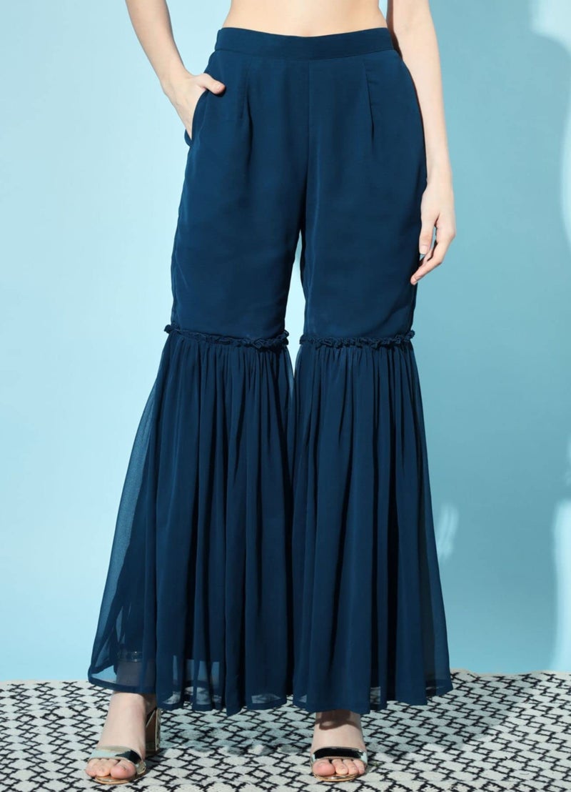 SHOPPING QUEEN Women's Georgette Embroidered Kurta and Sharara Set (A398_Peacock Blue_L) - Image 4