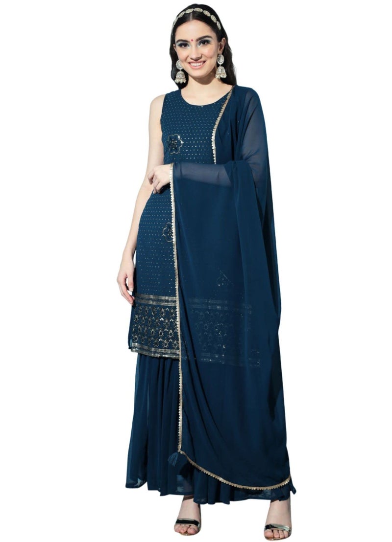SHOPPING QUEEN Women's Georgette Embroidered Kurta and Sharara Set (A398_Peacock Blue_L) - Image 1
