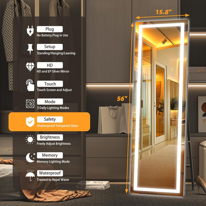 Hasipu Full Length Mirror with Lights, 56" x 15.8" LED Floor Mirror, Full Body Dressing Standing, Hanging Mounted Mirror for Living Room Bedroom Cloakroom, Square Black - Image 2