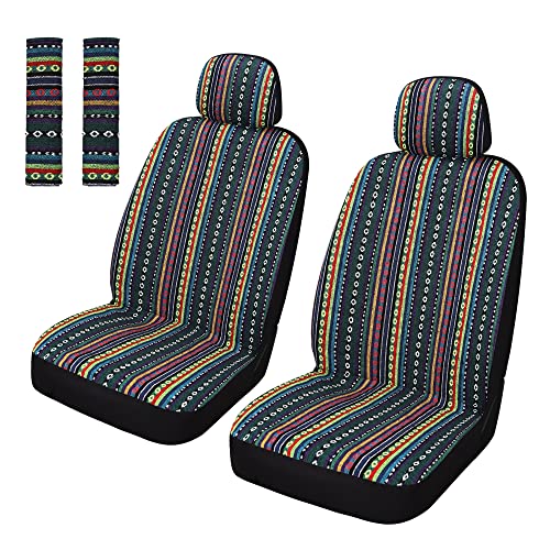 Pariitadin Baja Saddle Blanket Car Seat Covers Front Set with Seat Belt Pads, Washable Breathable Striped Woven Cloth Seat Covers for Cars, Universal Fit Most Cars, Airbag Compatible, Red/Blue - Image 1