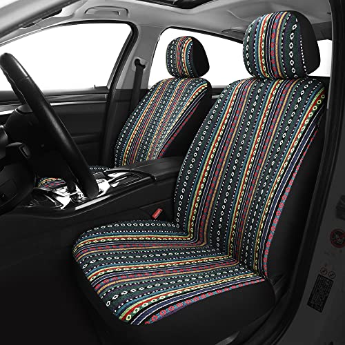 Pariitadin Baja Saddle Blanket Car Seat Covers Front Set with Seat Belt Pads, Washable Breathable Striped Woven Cloth Seat Covers for Cars, Universal Fit Most Cars, Airbag Compatible, Red/Blue - Image 2