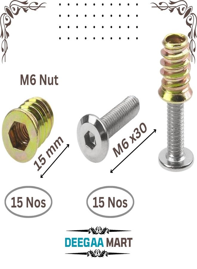 DEEGAA MART DEEGAAMART Zinc Alloy Threaded Wood Inserts Hex Socket Drive Nuts & Bolt Fasteners for Furniture, Wood Plugs, and Screw Hole Repair (M6x30, 15, Set) - Image 3