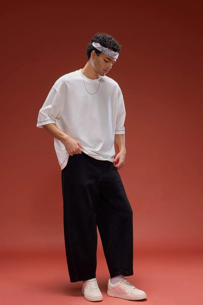 Cotton Barrel Fit Elastic Wide Leg Washed Jeans